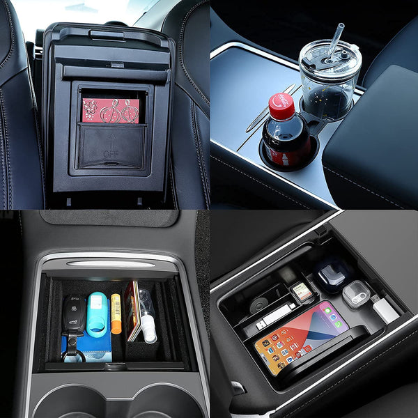 Here's a streamlined and concise title for the product listing:  **4PCS Center Console Organizer Set with Cup Holder for Tesla Model Y (2021-2024) & Model 3 (2021-2023): Includes Armrest Cubby Drawer Storage Box**